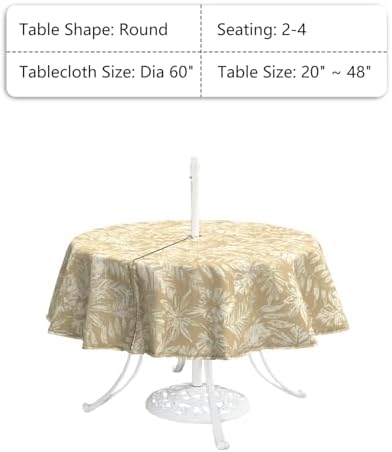 LVTXIII Round Outdoor Tablecloth with Umbrella Hole and Zipper, Water-Repellent 60 Inch Patio Table Cover for Bistro, Garden, Patio & Picnic, Tropical Leaf Oat - Image 3