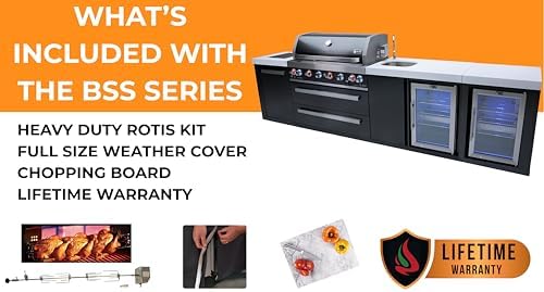 Mont Alpi 94"W x 23"D x 46"H Black Stainless Steel Modular Outdoor Kitchen Island with Refrigerator + 44"W 6-Burner BBQ Gas Grill + Side Burner + White Granite Countertops + Storage Cabinets & Drawers - Image 3
