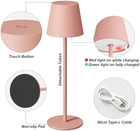 Kakanuo Cordless Table Lamp Rechargeable Pink - KK 2 Pack 5000mAH Battery Operated Lamp for Counter, 3 Color Stepless Dimming Wireless Lamp for Dining Kitchen, Outdoor Patio, Touch Control - Image 6