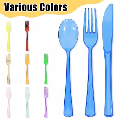 HEIPINIUYE 75 Pack Royal Blue Clear Plastic Cutlery Heavy Duty Clear Blue Plastic Knives Forks and Spoons Disposable Silverware Set for 25 Guest Camping Birthday Baby Shower Party Utensil Set - Image 5