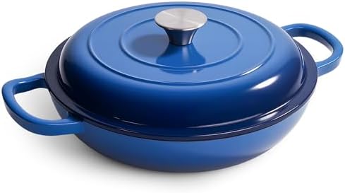 3 Quart Enameled Cast Iron Braiser, Non Stick Enameled Cast Iron Skillet with Lid, Dutch Oven Skillet with lid up to 500°F for Oven, Stove, Grill, Shallow Dutch Oven for Cook, Bake (Blue) by Fijinhom