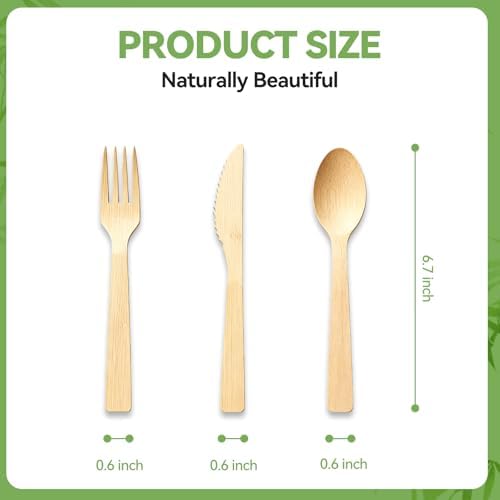 Bamboo Cutlery Set - Wooden Utensils for Eating - Disposable Wooden Cutlery set of 60 (20 Forks 20 Spoons 20 Knives) Bamboo Disposable Utensils - ECO Friendly Compostable Utensil for Party - Image 6