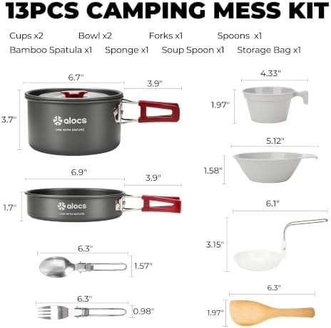ALOCS 13pcs Camping Cookware Mess Kit, Portable Pots and Pans Cooking Set - Image 2