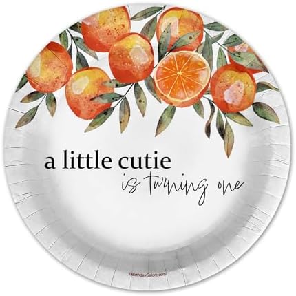 Little Cutie First Birthday - 32 Piece Disposable Party Supplies - Decorations for Orange 1st Birthday Round Party Plates - Large 9" Paper Plates In Bulk - Image 3