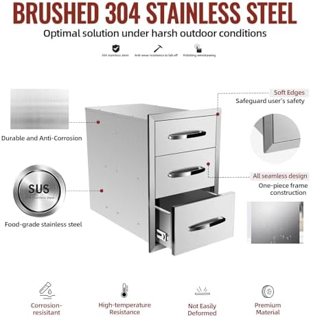 Outdoor Kitchen Drawers Stainless Steel, BBQ Drawer Inserts for Built-in Patio Grill Station, Triple Drawer, 14''W x 21''H x 21''D - Image 3