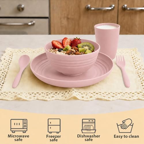 Wheat Straw Dinnerware Sets for 4, 20 Piece Unbreakable Kids Dinnerware Set, Toddler Plates and Bowls Sets, Kitchen Plates and Bowls Set, Lightweight Dish Set for Travel Camping Party - Muted Pink - Image 3