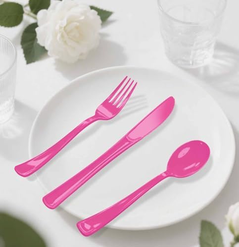 HEIPINIUYE 75 Pack Hot Pink Plastic Cutlery Heavy Duty Hot Pink Plastic Knives Forks and Spoons Disposable Silverware Set for 25 Guest Camping Birthday Baby Shower Party Cutlery Set - Image 7