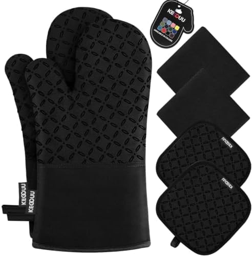 KEGOUU Oven Mitts and Pot Holders 6pcs Set, Kitchen Oven Glove High Heat Resistant 500 Degree Extra Long Oven Mitts and Potholder with Non-Slip Silicone Surface for Cooking (Black) by KEGOUUOvenMitt