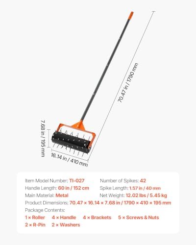 VEVOR Rolling Lawn Aerator, 15 in Manual Push Aerator Roller with 42 Spikes & 60 in Long Handle, Fillable Drum for Added Weight, Heavy-Duty Lawn Soil Penetrator for Garden Yard Compacted Soils - Image 7