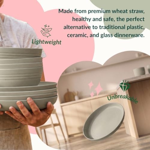 Homienly Wheat Straw Dinnerware Sets 20 PCS Unbreakable Plates and Bowls Sets Microwave Safe Camping Dish Set Kids Dinnerware Set, Kitchen, Apartment, Party, RV, Picnic, Dorm-Grey - Image 5