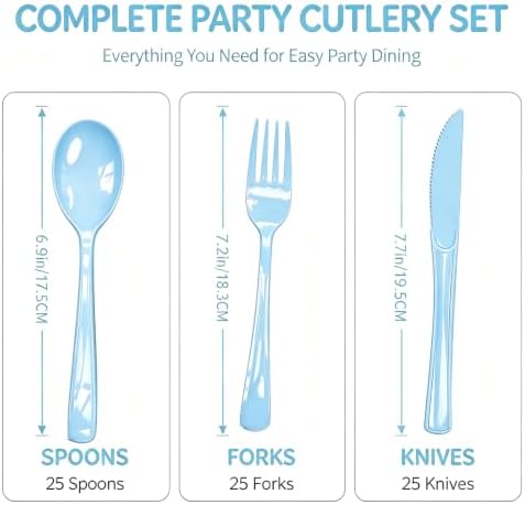 75 Pack Light Blue Heavy Duty Plastic Silverware Set, Disposable Knives, Forks & Spoons, 25 Sets for Birthday, Baby Shower, Camping, Picnic & Party - Image 3