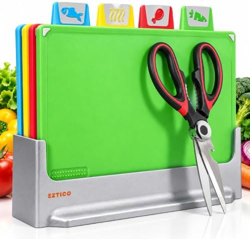 Cutting Board Set 12"L x 9"W: 4-Piece Color-Coded, Non-Slip, BPA-Free, Perfect kitchen essentials for new home, Dishwasher Safe with Premium Scissors & Chopping Board Organizer, Quality kitchen stuff. by EZTICO
