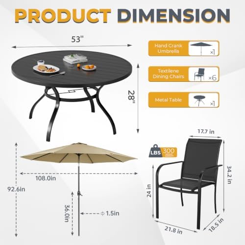 Incbruce 8 PCS Patio Dining Set with Brown Umbrella, Outdoor Dining Set of 6 Textilene Chairs and 53" Round Table with Umbrella Hole for Backyard, Garden, and Poolside (Black) - Image 3
