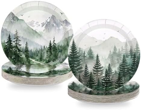50Pcs Green Forest Party Decorations 9 inch Nature Camping Woodland Pine Tree Paper Plates Mountain Adventure Awaits Theme Plates for Summer Picnic BBQ Baby Shower Outdoor Camper Party Decorations by Greencian