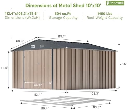 Patiowell 10x10 FT Outdoor Storage Shed with Floor Frame, Brown - Image 4
