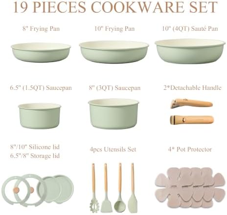 CAROTE 19pcs Pots and Pans Set Non Stick, Detachable Handle Cookware, Green - Image 2