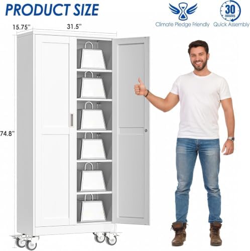 GAIOUS Metal Garage Storage Cabinet with Lock, Steel Tool Cabinet with 2 Doors and 5 Adjustable Shelves, 75” Tall Lockable File Cabinet with Wheels, Organization for Home Office Garage Gym - White - Image 2