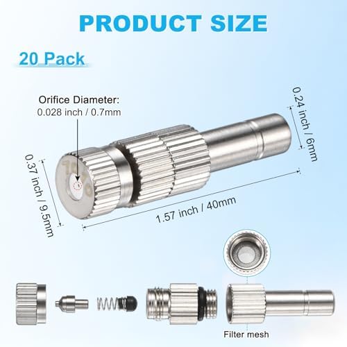 M METERXITY 20-Pack Brass Misting Nozzles, 0.028"/0.7mm Orifice Mister Replacement Heads with Filter Mesh for Cooling System/Landscaping/Humidification, 6mm Low-Pressure Fog Sprayer Nozzle - Image 3