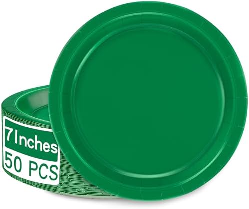 50 Count Green 7 Inch Round Paper Plates Heavy Duty Disposable Dinnerware by QZYL