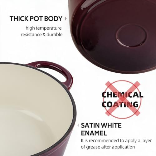Dutch Oven Enameled Cast Iron with Lid - Big Dual Handles - Oven Safe up to 500°F - Classic Round Pot for Versatile Cooking 3 QT Deep Pot Fig - Image 6