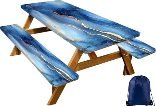 CAPSCEOLL Picnic Table Cover with Bench Covers 5ft - Dark Blue Marble by CAPSCEOLL