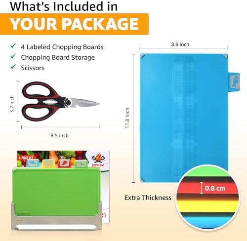 Cutting Board Set 12"L x 9"W: 4-Piece Color-Coded, Non-Slip, BPA-Free, Perfect kitchen essentials for new home, Dishwasher Safe with Premium Scissors & Chopping Board Organizer, Quality kitchen stuff. - Image 2