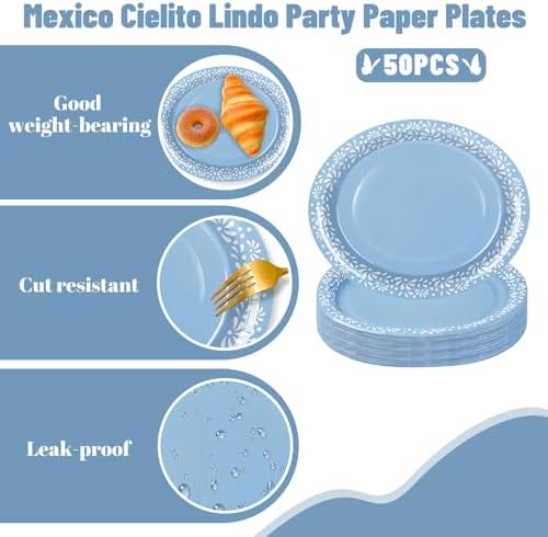 Whaline 50 Pcs Cielito Lindo Paper Plates 12 x 10 Inch Blue Platos De Barro Mexicanos Disposable Dinner Plates Mexico Fiesta Party Supplies for Baby Shower Wedding Decor - Image 3