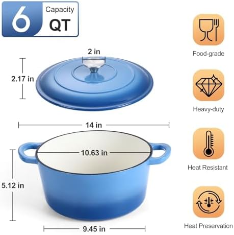 P&P CHEF 6QT Enameled Dutch Oven, Dutch Oven Pot for Bread Baking, Blue - Image 2