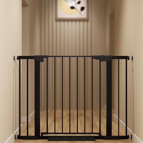 29-42 inches Metal Baby Gate for Stairs/Doorways, 30 inches Tall Pressure Mounted Pet Gates, Auto-Close Child Safety Gate, No Drilling Easy Walk-Through Dog Gate Indoor, Black by Unknown