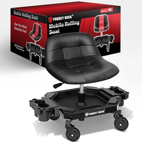 Rolling Stool with Wheels, Adjustable Height Pneumatic Garage Work Mechanic Stool Seat with Backrest, 400 LBS Capacity 360° Swivel Mechanic Crepper Chair with Tool Tray Storage, Black by FREEKYROCK
