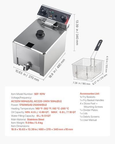 VEVOR Commercial Deep Fryer, Stainless Steel Countertop Fryer with Baskets & Lids, Temp Control, Overheat Protection, for Commercial Restaurant, Single Fryer with Oil Filtration-9.5Qt - Image 7