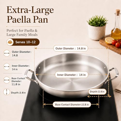 DELARLO Paella Pan 14 Inch Tri-Ply Stainless Steel Paella Pan with Lid, Jumbo Frying Pan, kitchen Induction Large Skillets,Great for Paella Parties Indoors Outdoors,Heavy Duty Style - Image 6
