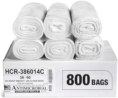 Aluf Plastics High Density Trash Bags, 60 Gallon, 800 Count, 14 Micron (eq), 38" x 60", Clear, for Bathroom, Office, Industrial, Commercial, Janitorial, Municipal, Recycling by AlufPlastics