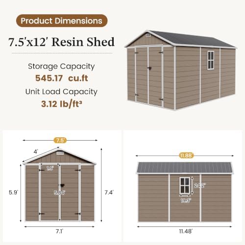 UDPATIO Resin Storage Shed 7.5x12FT, Outdoor Plastic Garden Shed, Brown - Image 2