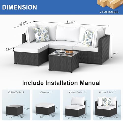 Patio Furniture Set, 5PCS Outdoor Sectional with Ottoman Wicker Rattan Patio Couch with Thickened Cushion Modular Wicker Patio Conversation Set with Glass Top Table for Balcony, Backyard (White) - Image 5