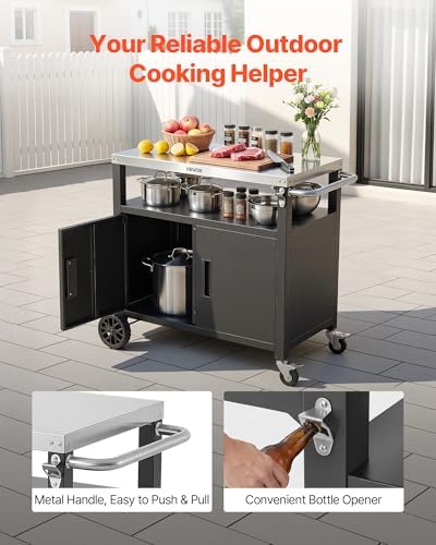 VEVOR Outdoor Grill Cart with Storage Cabinet, 36.4 Inch Grill Table, Waterproof Kitchen Island with Stainless Steel Top, Shelf, and Wheels, Movable Food Prep Station for Patio Bar Backyard BBQ - Image 5