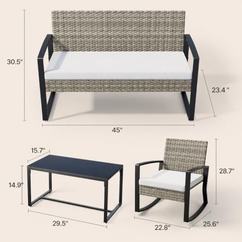 Ahomly 4 Piece Outdoor Furniture Set with Rocking Chairs, Light Grey - Image 2
