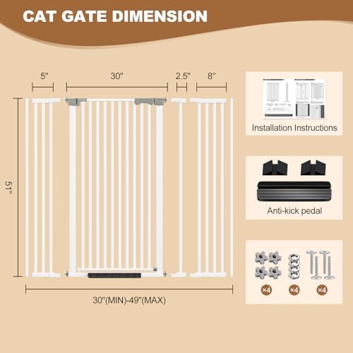 51" Extra Tall Cat Gate for Doorway, 30-49" Wide Auto Close Pet Gate with Extension Kits, No Drilling Pressure Mounted Dog Gate for Stairs, Doorways, Kitchen, Hallway - Image 2