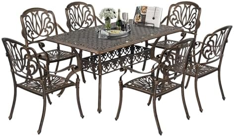 VINGLI 7-Piece Outdoor Dining Set, Cast Aluminum Patio Furniture Set for 6 with Umbrella Hole, Rectangular Outdoor Dining Table & 6 Stackable Chairs, All-Weather Garden/Poolside Dining Set Bronze by VINGLI