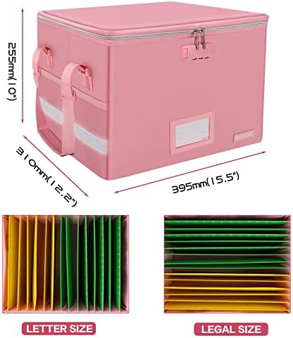 ENGPOW File Box with Lock, Fireproof Document Box with Zipper＆Pockets, Collapsible File Organizer Filing Storage Cabinet with Handle, Portable Home Office Safe for Hanging Letter/Legal Folder, Pink - Image 5