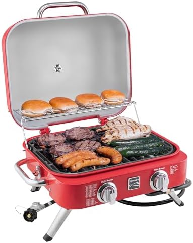 Kenmore Portable Propane Gas Grill - Tabletop BBQ Grill with Warming Rack, 2 Stainless Steel Burners with 14,000 BTUs, for Outdoor Kitchen, Camping, Red by Kenmore