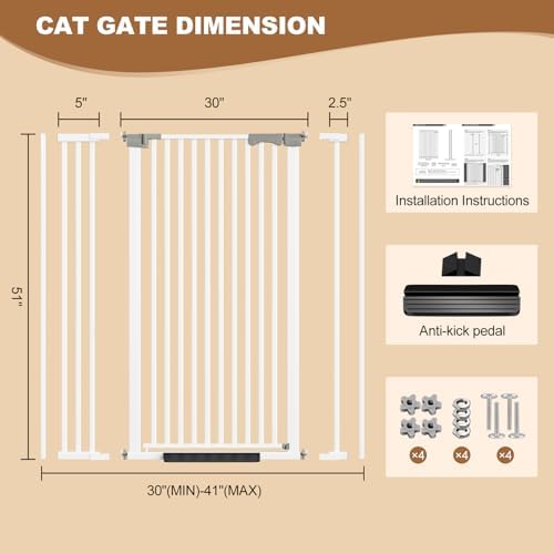 51" Extra Tall Cat Gate for Doorway, 30-41" Wide Auto Close Pet Gate with Extension Kits, No Drilling Pressure Mounted Dog Gate for Stairs, Doorways, Kitchen, Hallway - Image 2