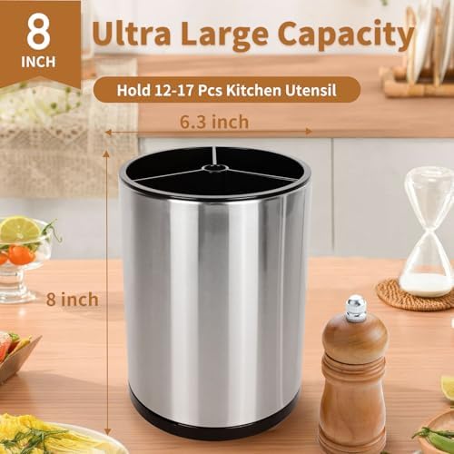 Nigelia Extra Large Kitchen Utensil Holder, 360° Rotating Stainless Steel Cooking Utensil Holder for Countertop, 3 Compartment Flatware Organizer & Cooking Caddy with Removable Base（Silvery） - Image 2
