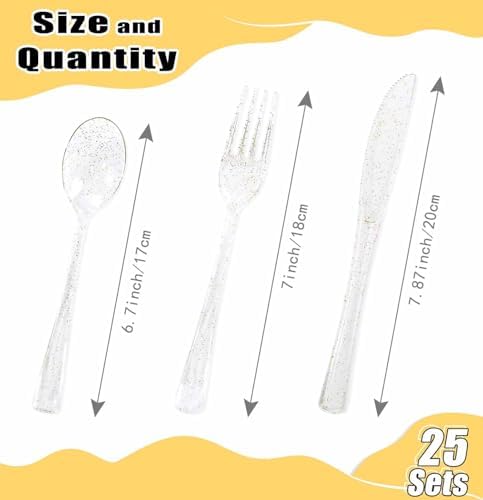 HEIPINIUYE 75 Pack Gold Glitter Plastic Cutlery Heavy Duty Clear Gold Plastic Knives Forks and Spoons Disposable Silverware Set for 25 Guest Birthday Wedding Party Disposable Utensil Set - Image 3
