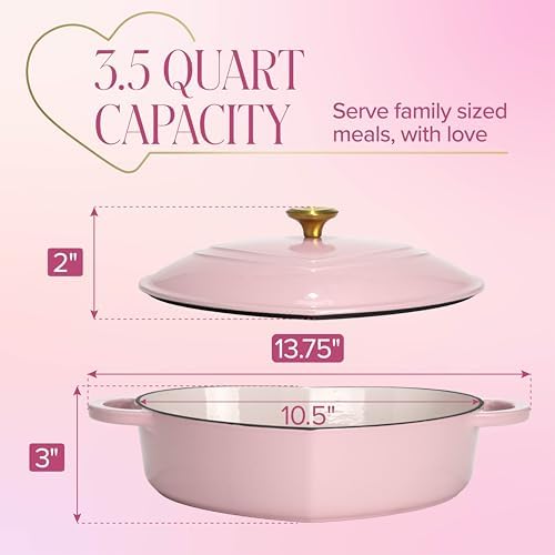 Paris Hilton Enameled Cast Iron Braiser, Heart-Shaped Skillet with Lid, Superior Heat Retention Casserole, Stovetop and Oven-to-Table, 3.5-Quart, Pink - Image 3