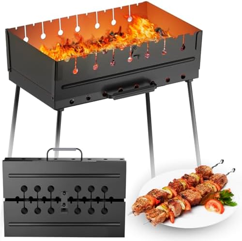Charcoal Grill for 8 Skewers - Portable Barbecue 16.9""×11.8""×16.9"" Kabob Camp Grills - Foldable Metal Mangal - Kebab Shish - BBQ for EDC Picnic Outdoor Cooking (Skewers Not Included) by MyHomeHelper
