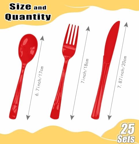HEIPINIUYE 75 Pack Red Plastic Cutlery Heavy Duty Red Plastic Knives Forks and Spoons Disposable Silverware Set for 25 Guest Camping Birthday Baby Shower Party Cutlery Set - Image 3