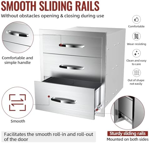Outdoor Kitchen Drawers Stainless Steel, BBQ Drawer Inserts for Built-in Patio Grill Station, Triple Drawer, 18''W x 24''H x 23''D - Image 5