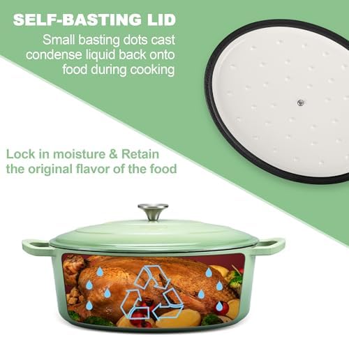 E-far 5QT Oval Dutch Oven Pot with Lid, Green Enameled Cast Iron Dutch Oven - Image 6