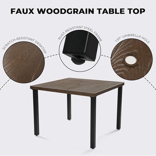 Grand patio 5-Piece Outdoor Dining Set for 4, Metal Woven Wicker Fixed Patio Chairs with Thickened Cushions & 1 Square Woodgrain Dining Table with Umbrella Hole for Backyard Deck (Black) - Image 5